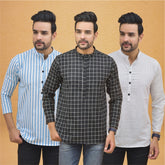 Combo of 3 Men Kurtas Stripe Cotton Handloom Black White and Sky Blue