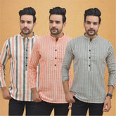 Combo of 3 Men Kurtas Stripe Cotton Handloom Gray Peach and Peach