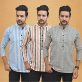 Combo of 3 Men Kurtas Stripe Cotton Handloom Gray Peach and Sky Blue