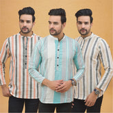 Combo of 3 Men Kurtas Stripe Cotton Handloom Green Beige and Peach