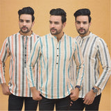 Combo of 3 Men Kurtas Stripe Cotton Handloom Green Beige and Peach