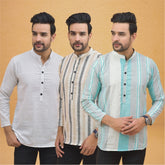 Combo of 3 Men Kurtas Stripe Cotton Handloom Green Beige and White