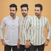 Combo of 3 Men Kurtas Stripe Cotton Handloom Green Beige and White