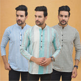 Combo of 3 Men Kurtas Stripe Cotton Handloom Green Gray and Sky Blue