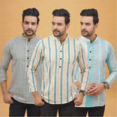 Combo of 3 Men Kurtas Stripe Cotton Handloom Green Green and Gray