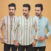 Combo of 3 Men Kurtas Stripe Cotton Handloom Green Green and Peach