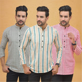 Combo of 3 Men Kurtas Stripe Cotton Handloom Green Pink and Gray