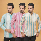 Combo of 3 Men Kurtas Stripe Cotton Handloom Green Pink and Green