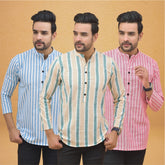 Combo of 3 Men Kurtas Stripe Cotton Handloom Green Pink and Sky Blue