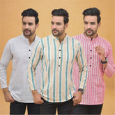 Combo of 3 Men Kurtas Stripe Cotton Handloom Green Pink and White