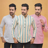 Combo of 3 Men Kurtas Stripe Cotton Handloom Green Pink and White