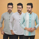 Combo of 3 Men Kurtas Stripe Cotton Handloom Green White and Peach