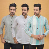 Combo of 3 Men Kurtas Stripe Cotton Handloom Green White and Gray