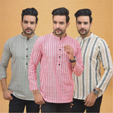 Combo of 3 Men Kurtas Stripe Cotton Handloom Pink Beige and Gray