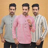 Combo of 3 Men Kurtas Stripe Cotton Handloom Pink Beige and Gray