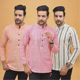 Combo of 3 Men Kurtas Stripe Cotton Handloom Pink Beige and Peach