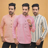Combo of 3 Men Kurtas Stripe Cotton Handloom Pink Beige and Peach