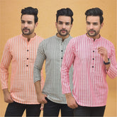 Combo of 3 Men Kurtas Stripe Cotton Handloom Pink Gray and Peach