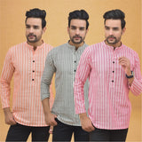 Combo of 3 Men Kurtas Stripe Cotton Handloom Pink Gray and Peach