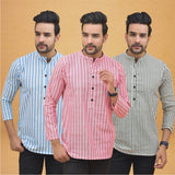 Combo of 3 Men Kurtas Stripe Cotton Handloom Pink Gray and Sky Blue