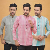 Combo of 3 Men Kurtas Stripe Cotton Handloom Pink Green and Gray