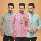 Combo of 3 Men Kurtas Stripe Cotton Handloom Pink Green and Gray