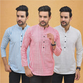 Combo of 3 Men Kurtas Stripe Cotton Handloom Pink White and Sky Blue