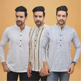 Combo of 3 Men Kurtas Stripe Cotton Handloom Sky Blue Beige and White