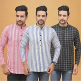 Combo of 3 Men Kurtas Stripe Cotton Handloom Sky Blue Black and Pink