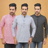 Combo of 3 Men Kurtas Stripe Cotton Handloom Sky Blue Black and Pink