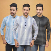 Combo of 3 Men Kurtas Stripe Cotton Handloom Sky Blue Black and Sky Blue