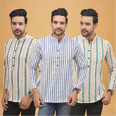 Combo of 3 Men Kurtas Stripe Cotton Handloom Sky Blue Green and Beige