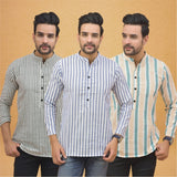 Combo of 3 Men Kurtas Stripe Cotton Handloom Sky Blue Green and Gray