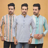 Combo of 3 Men Kurtas Stripe Cotton Handloom Sky Blue Green and Peach