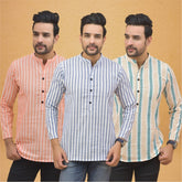 Combo of 3 Men Kurtas Stripe Cotton Handloom Sky Blue Green and Peach