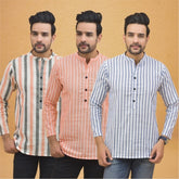 Combo of 3 Men Kurtas Stripe Cotton Handloom Sky Blue Peach and Peach