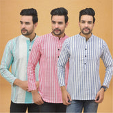 Combo of 3 Men Kurtas Stripe Cotton Handloom Sky Blue Pink and Green