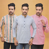 Combo of 3 Men Kurtas Stripe Cotton Handloom Sky Blue Pink and Peach