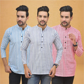 Combo of 3 Men Kurtas Stripe Cotton Handloom Sky Blue Pink and Sky Blue