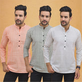 Combo of 3 Men Kurtas Stripe Cotton Handloom White Gray and Peach