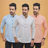 Combo of 3 Men Kurtas Stripe Cotton Handloom White Peach and Sky Blue