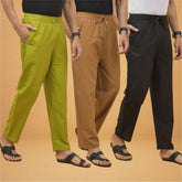 Combo of 3 Men Solid Cotton Flex Pant Black Brown and Olive Green