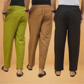 Combo of 3 Men Solid Cotton Flex Pant Black Brown and Olive Green