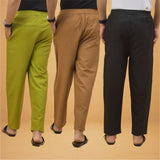 Combo of 3 Men Solid Cotton Flex Pant Black Brown and Olive Green