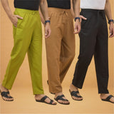 Combo of 3 Men Solid Cotton Flex Pant Black Brown and Olive Green