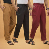 Combo of 3 Men Solid Cotton Flex Pant Black Maroon and Brown