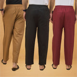 Combo of 3 Men Solid Cotton Flex Pant Black Maroon and Brown