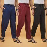 Combo of 3 Men Solid Cotton Flex Pant Black Maroon and Navy Blue
