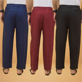 Combo of 3 Men Solid Cotton Flex Pant Black Maroon and Navy Blue