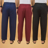 Combo of 3 Men Solid Cotton Flex Pant Black Maroon and Navy Blue